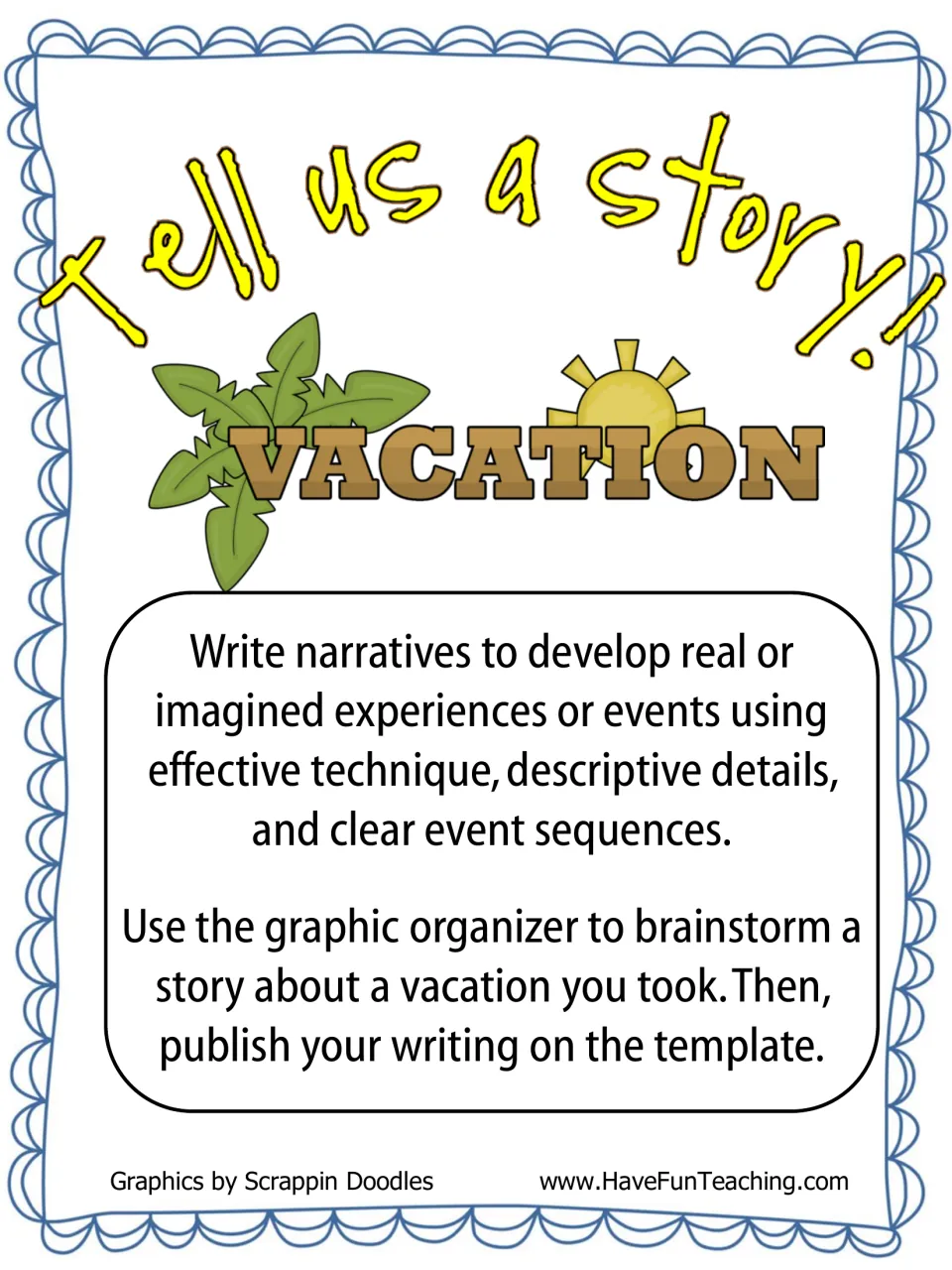 Tell Us a Story vacation cover: students brainstorm a trip they took in an organizer, then publish the story on a template