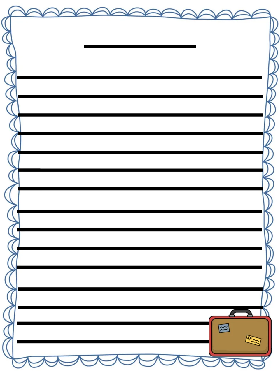 Publishing template for the vacation narrative: students add a title and write their final story beside a suitcase picture