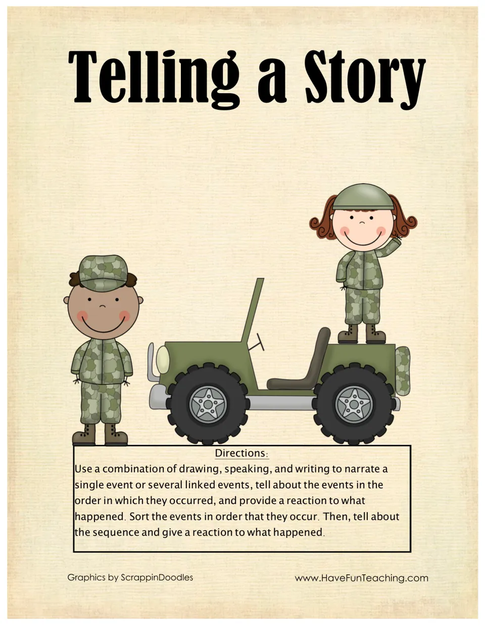 Cover of a soldier story sequencing task: directions to sort events in order, retell them and give a reaction