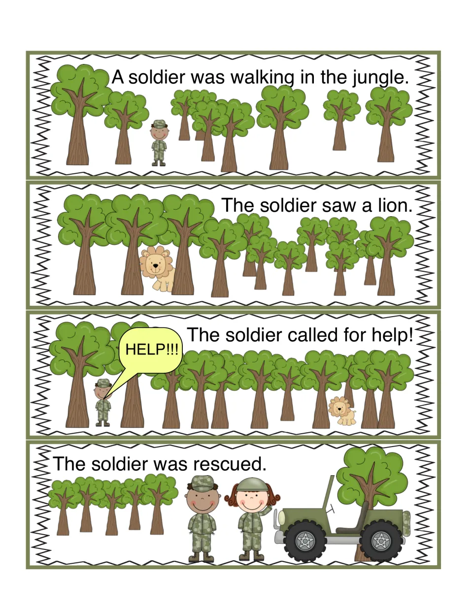 Story sequencing: students order 4 cards where a soldier walks in the jungle, sees a lion, calls for help and is rescued