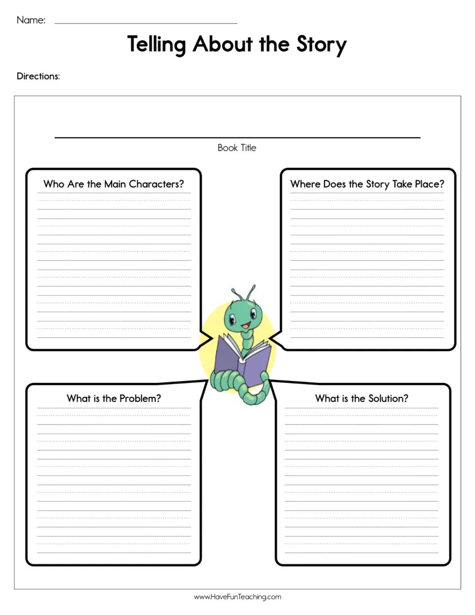 Story retelling worksheet asks for the book title, main characters, setting, problem, and solution.