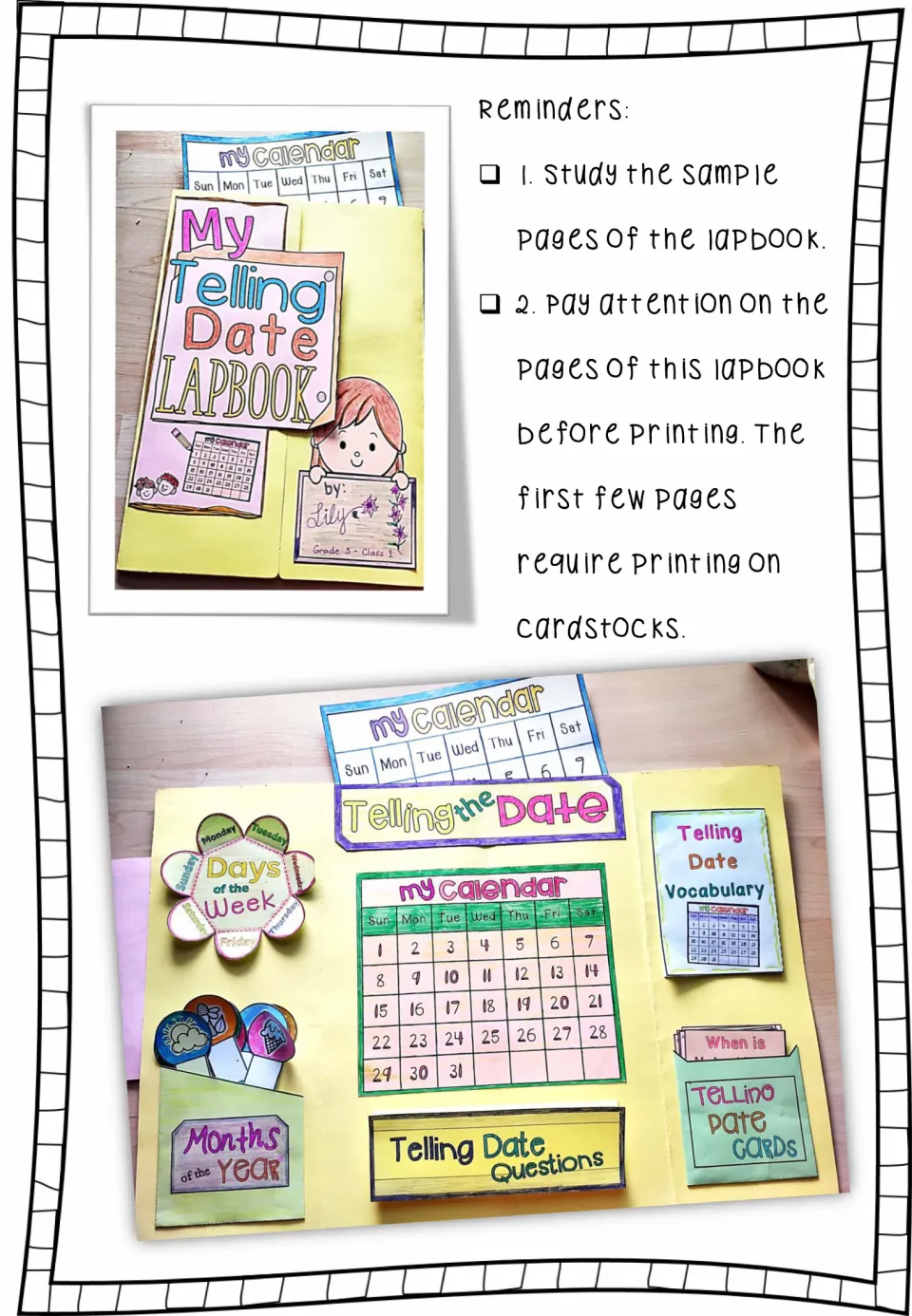 Lapbook assembly reference showing finished covers and contents, with reminders to print early pages on cardstock