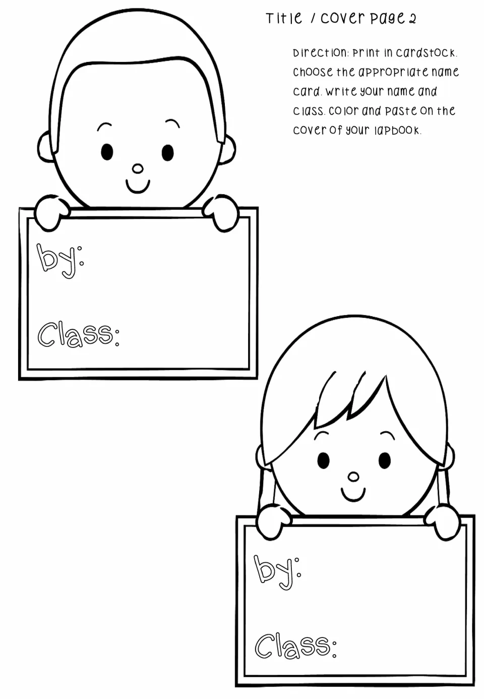 Lapbook cover name cards offering two child designs, each labeled 'by' and 'class' for personalization