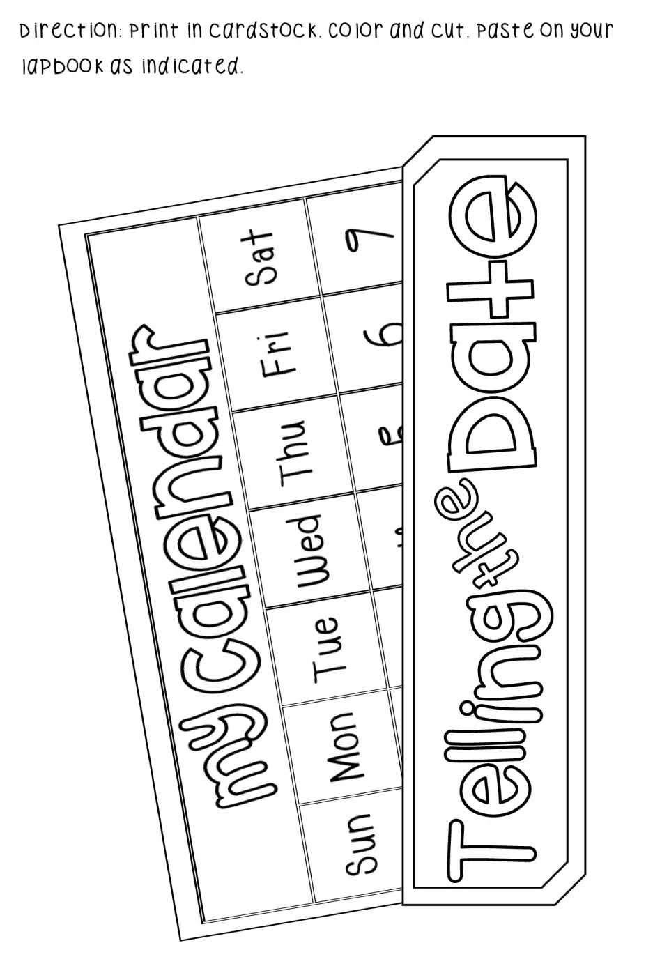 Lapbook heading cutout reading 'Telling the Date' over 'my calendar,' with abbreviated days Sunday–Saturday