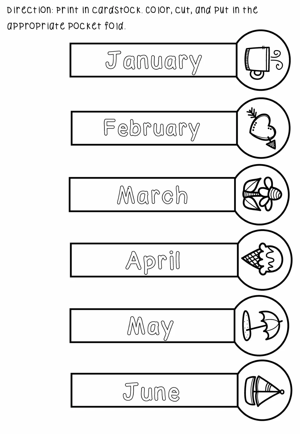 Lapbook month cutouts 1–6: January, February, March, April, May, and June, to color and place in a pocket