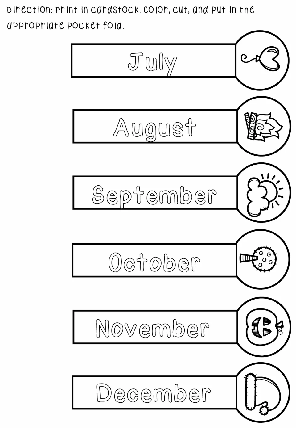 Lapbook month cutouts 7–12: July, August, September, October, November, and December for the month pocket