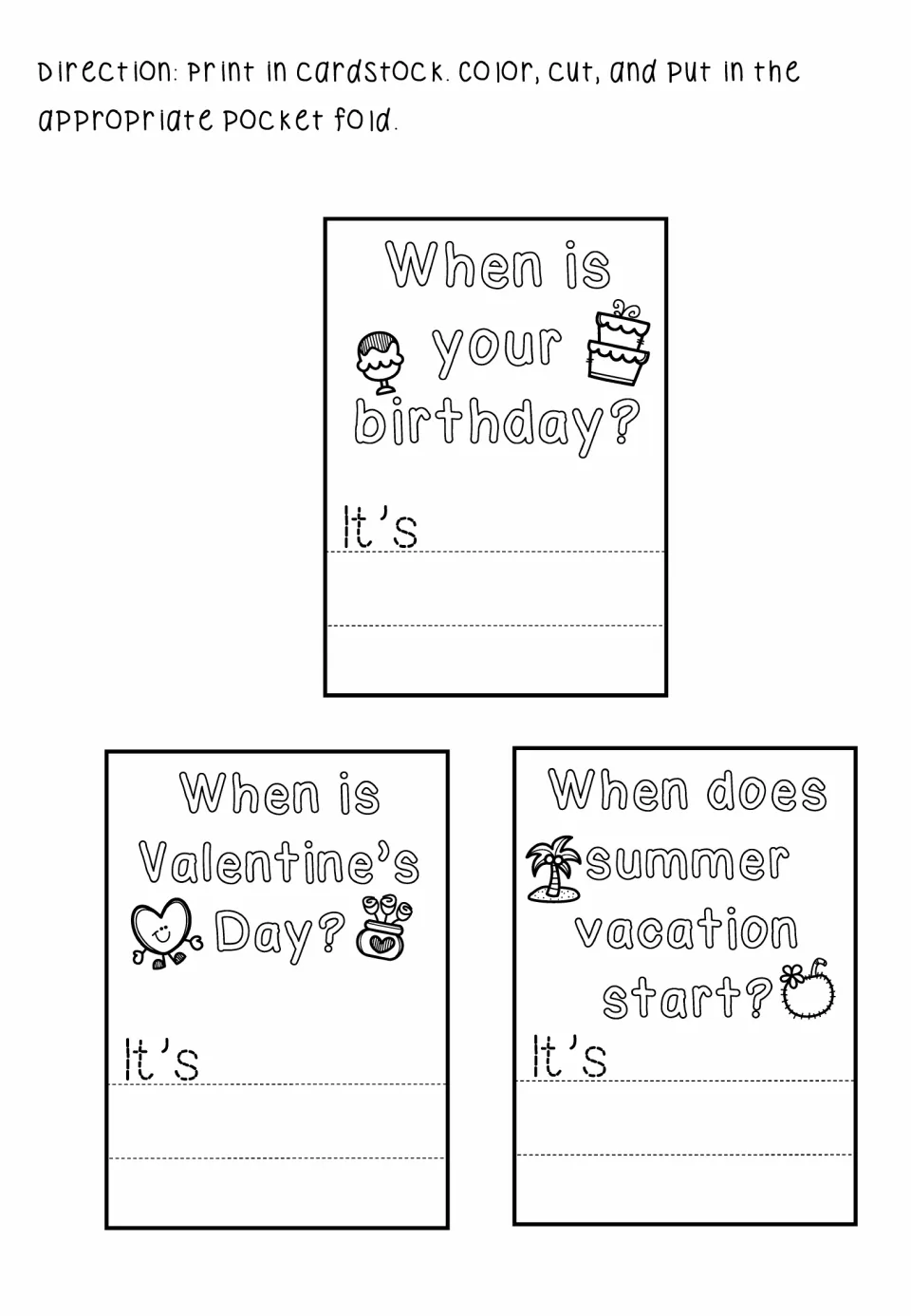 Three lapbook date-question cards ask about a birthday, Valentine's Day, and the start of summer vacation