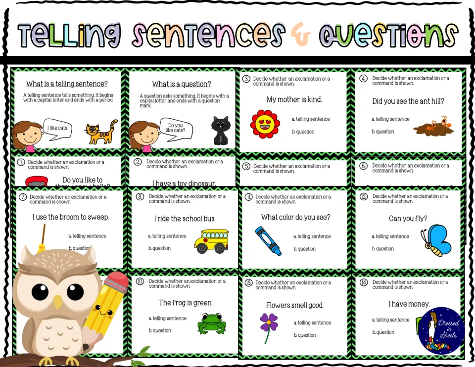 Telling sentences & questions cover: rule cards plus numbered picture cards where students pick telling sentence or question