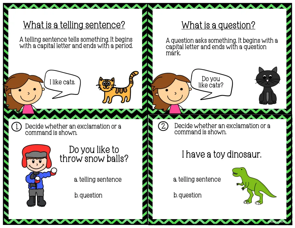 Rule cards: telling sentences end with a period, questions with a question mark; cards 1-2 then ask students to classify