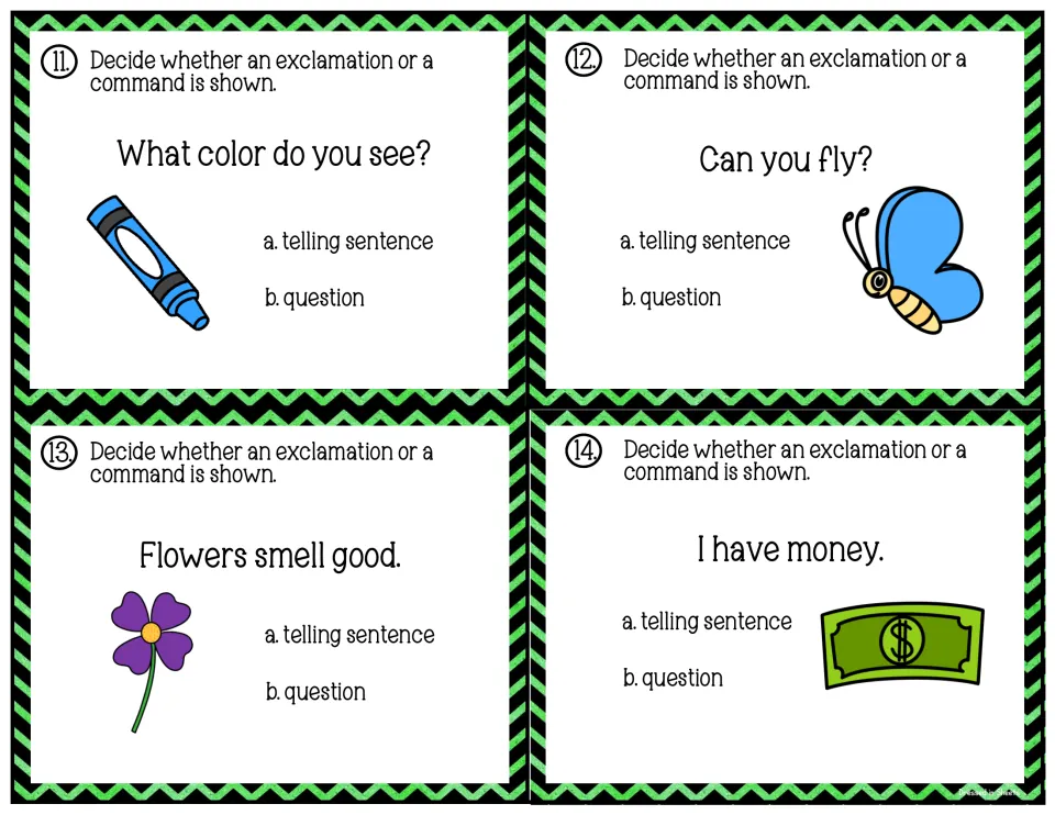 Cards 11-14: students classify What color do you see?, Can you fly?, Flowers smell good. and I have money. by end mark