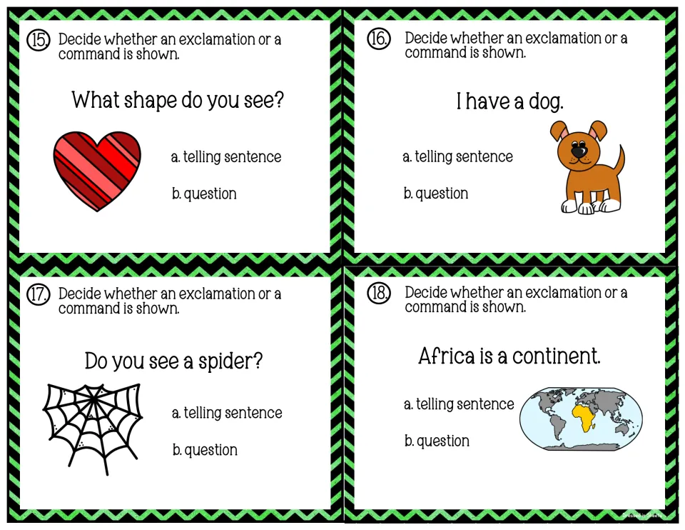 Cards 15-18: students choose telling sentence or question for a heart shape, a dog, a spider web and Africa is a continent