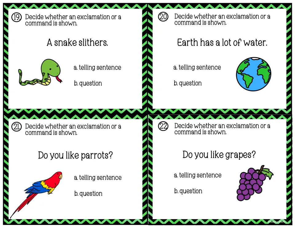 Cards 19-22: students sort A snake slithers, Earth has a lot of water, and parrot and grape questions as telling or asking