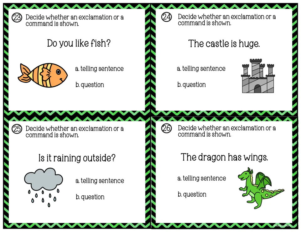 Cards 23-26: students identify sentences about fish, a huge castle, rain outside and a dragon's wings as telling or question