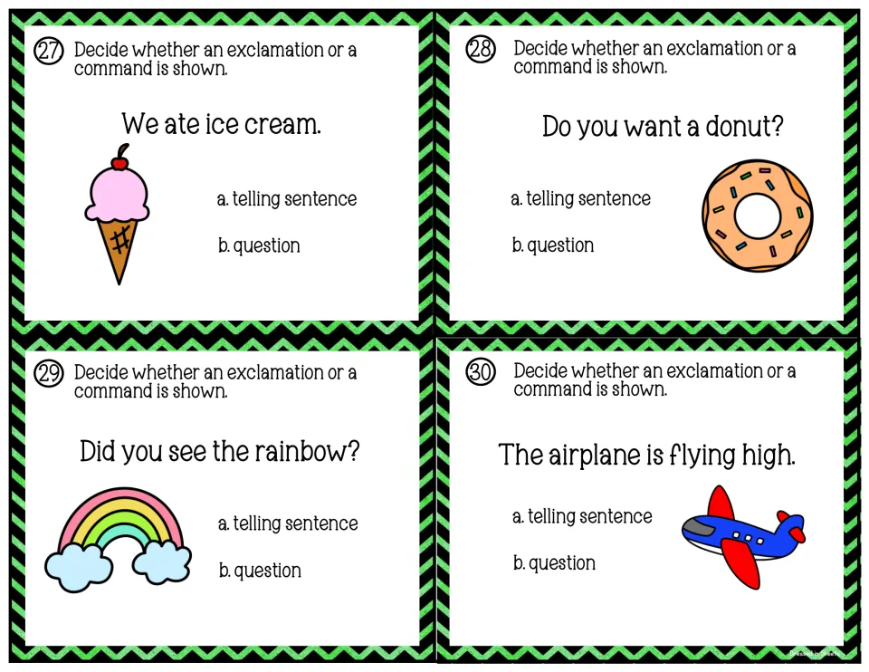Cards 27-30: students mark ice cream, donut, rainbow and airplane sentences as telling sentence or question by end mark