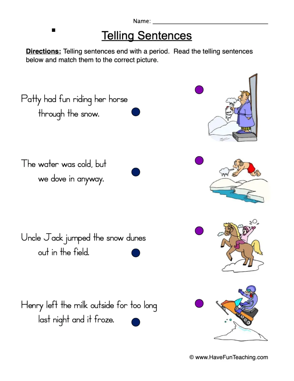 Telling sentences: students read four winter sentences ending in a period and match each to its snowy picture
