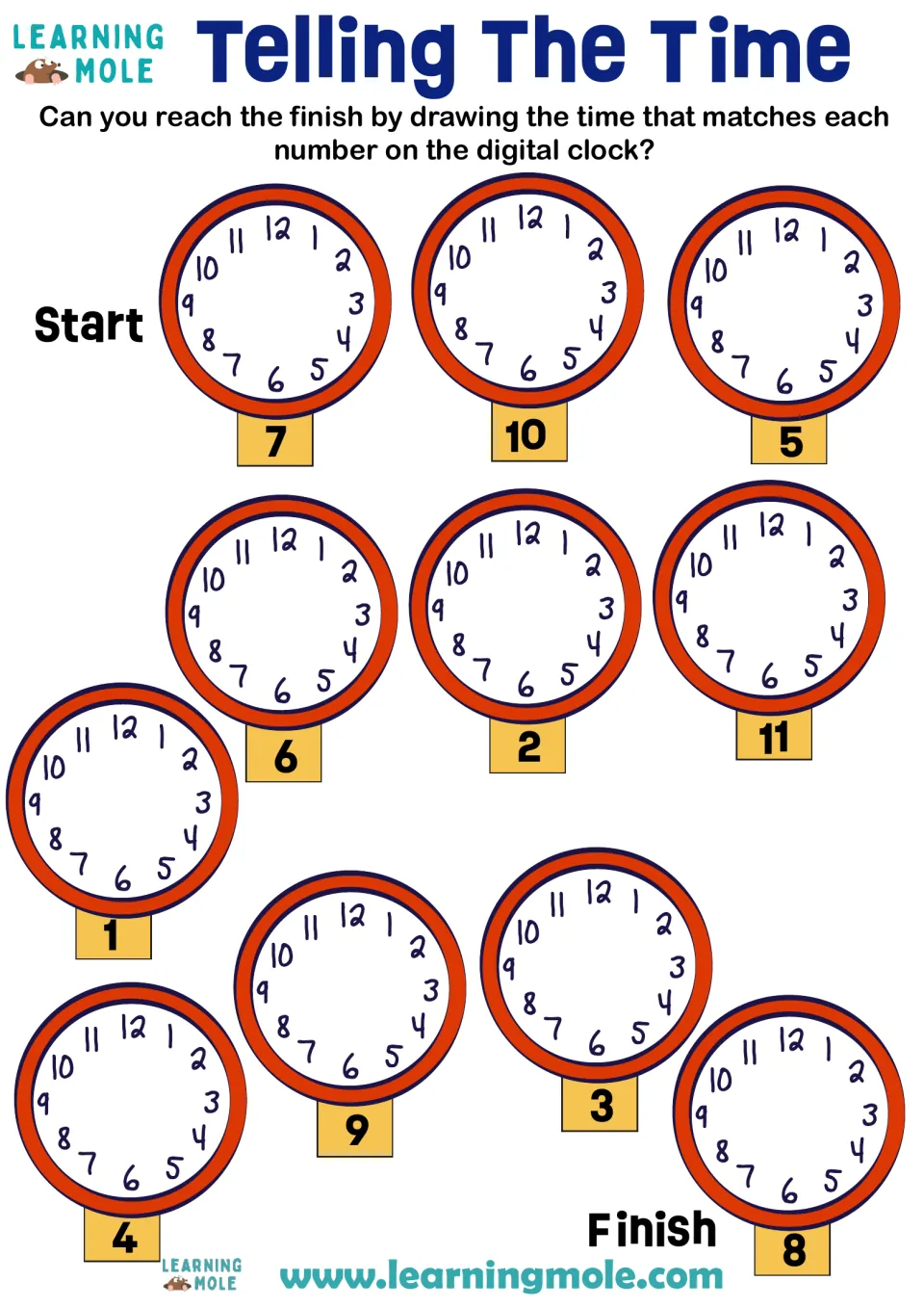 Analog clock path from Start to Finish: students draw hands on 11 numbered blank clocks to match each digital time