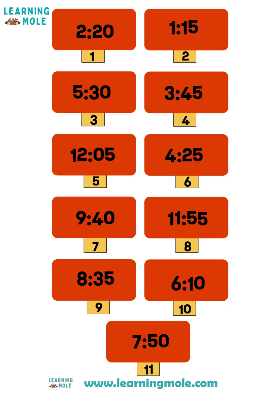 Digital time cards numbered 1 to 11, from 2:20 and 1:15 to 6:10 and 7:50, for matching to the blank clocks on the path