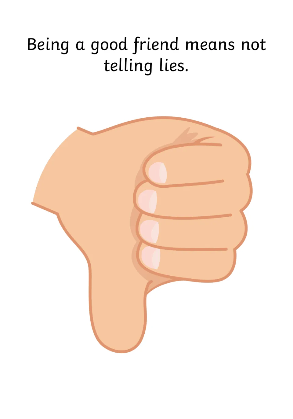 Story page on lying: "Being a good friend means not telling lies." above a large thumbs-down hand