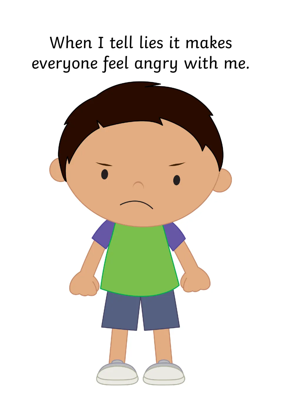 Lying and anger: "When I tell lies it makes everyone feel angry with me." beside a frowning boy with clenched fists