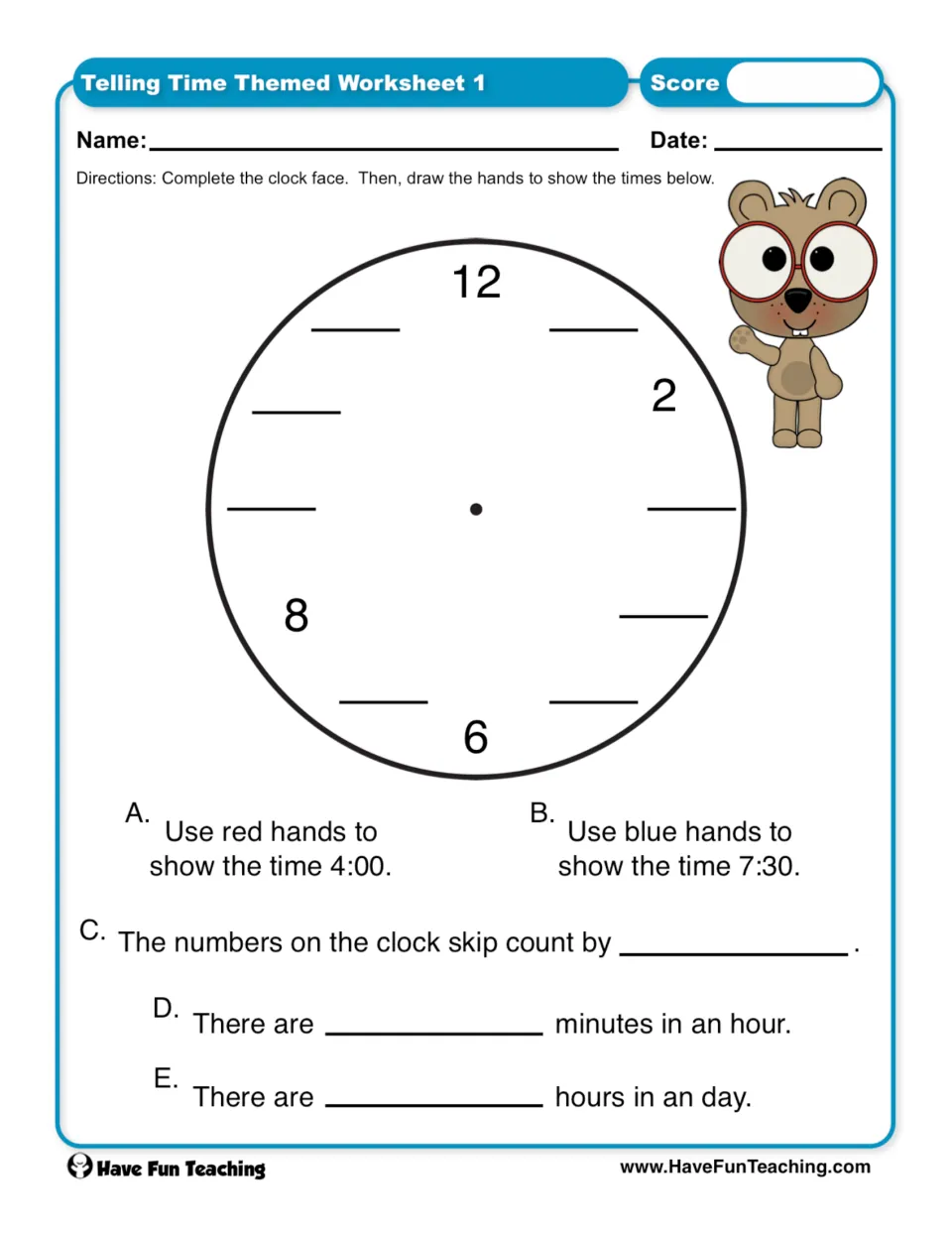 Worksheet 1: complete clock numbers, draw hands for 4:00 and 7:30, and fill in facts about minutes and hours