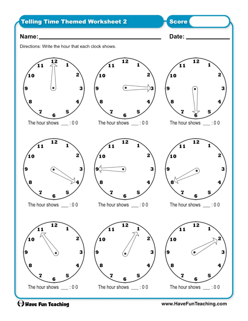 Worksheet 2: identify the hours shown on nine clocks and write each missing hour before the printed :00
