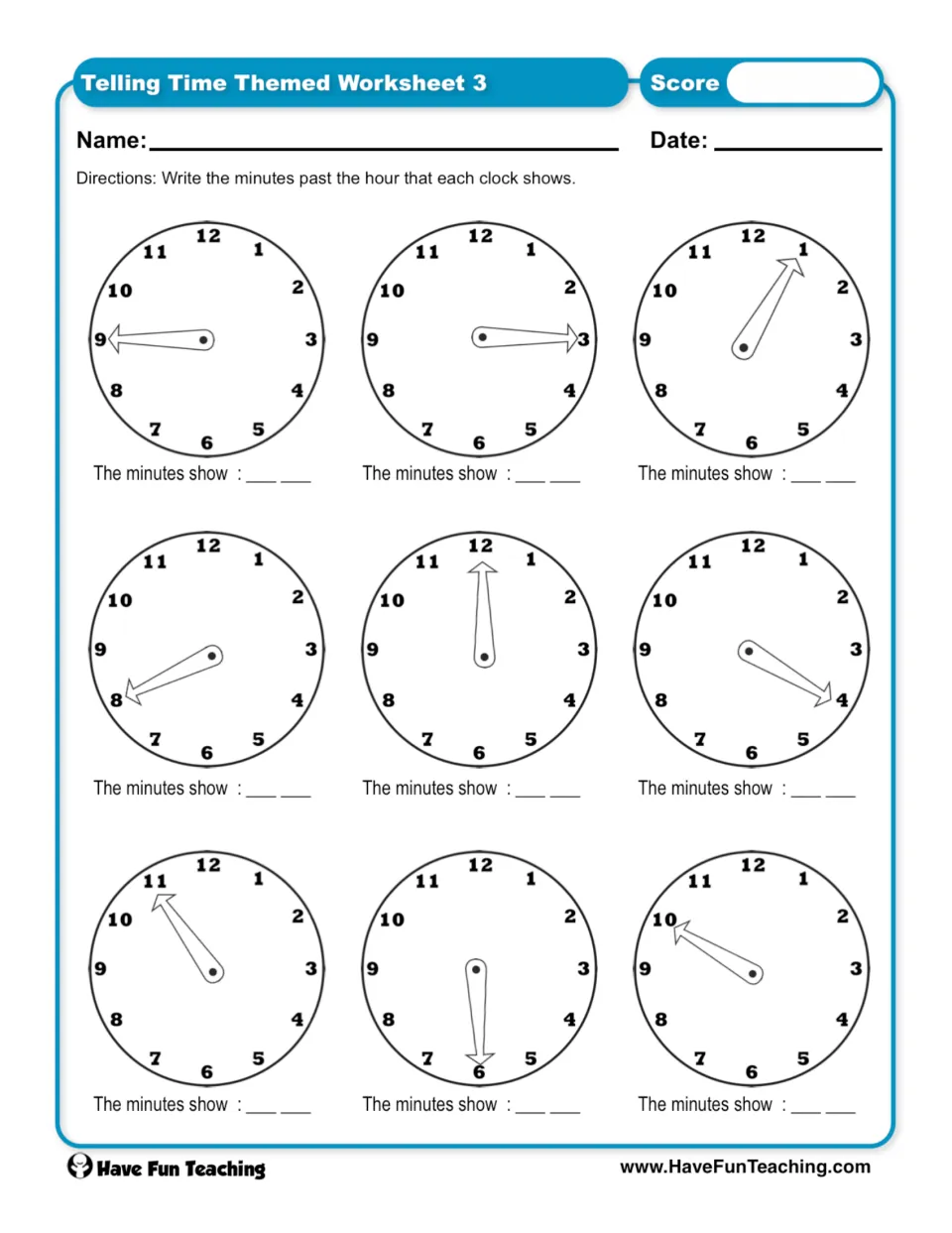 Worksheet 3: read nine clock hands and write minutes past the hour, including 45, 15, 05, and 40 minutes