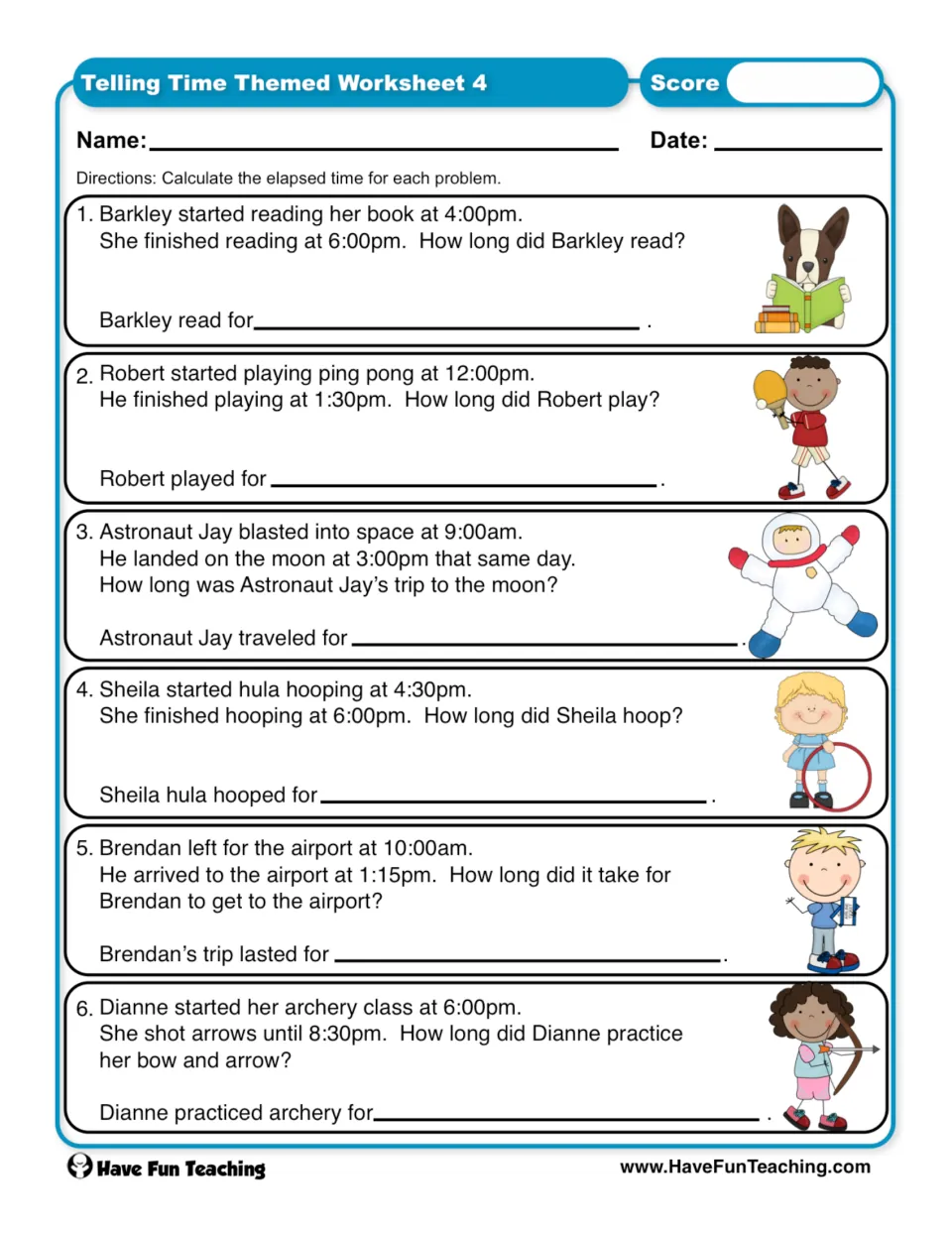 Worksheet 4: solve six elapsed-time word problems about reading, ping pong, space travel, and three more