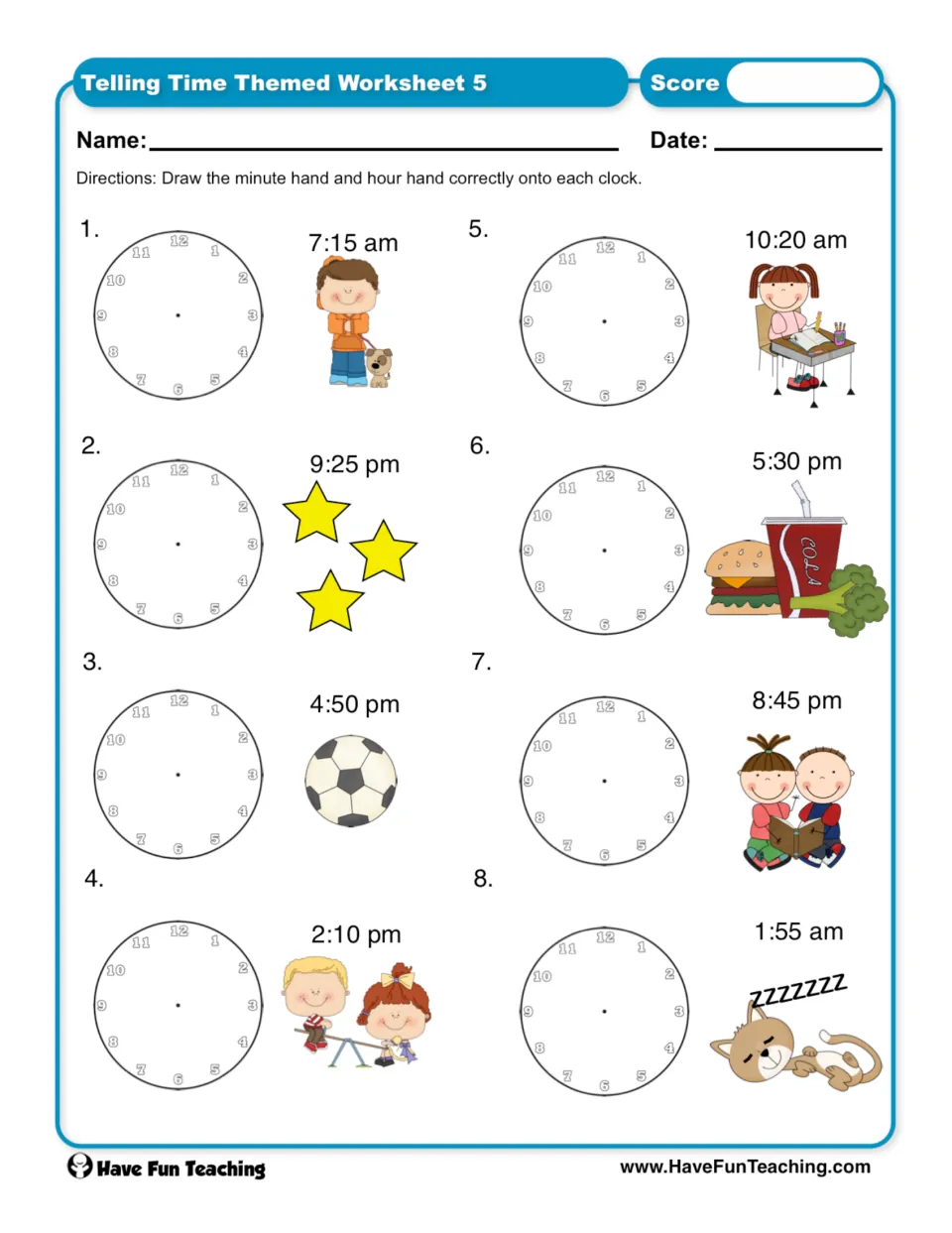 Worksheet 5: draw hour and minute hands on eight clocks for times including 7:15 am, 9:25 pm, and 4:50 pm