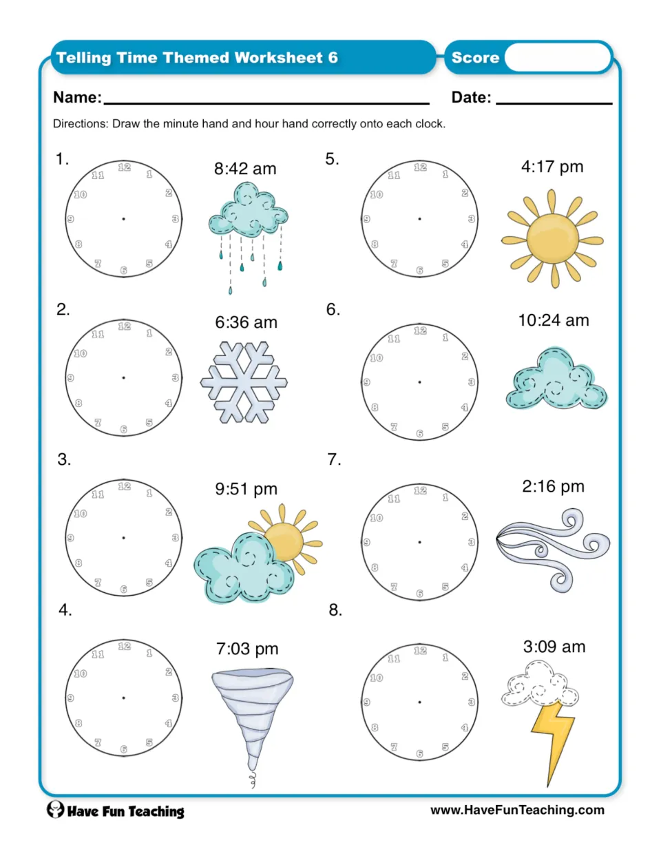 Worksheet 6: draw hour and minute hands on eight clocks for times including 8:42 am, 6:36 am, and 9:51 pm