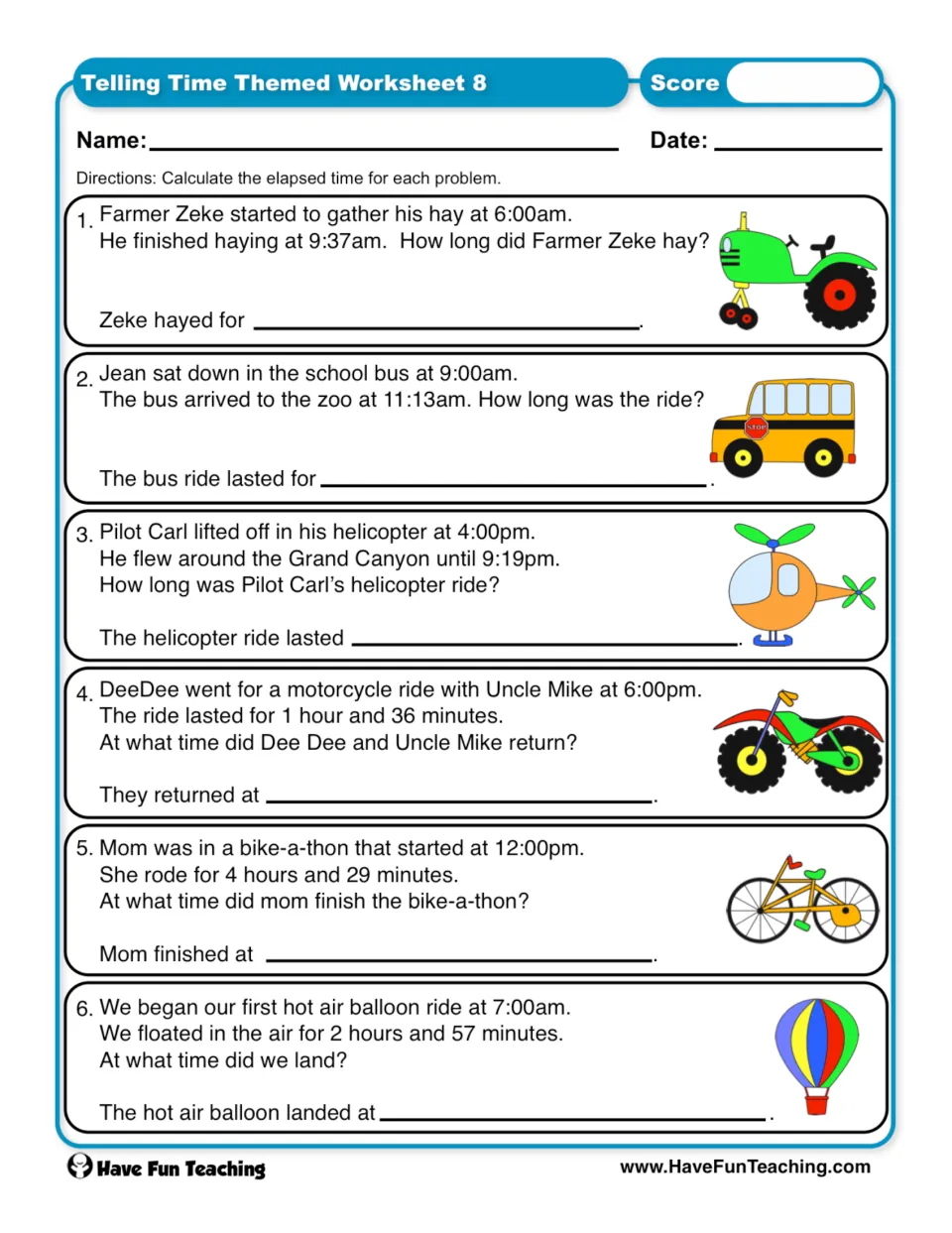 Worksheet 8: solve six time word problems about haying and trips, finding durations or return and end times