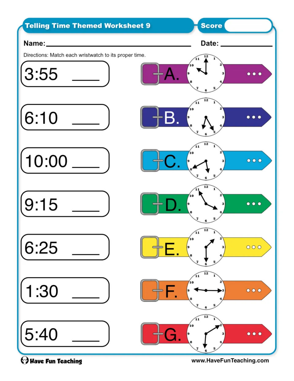 Worksheet 9: match seven wristwatches labeled A–G to digital times including 3:55, 6:10, 10:00, and 9:15