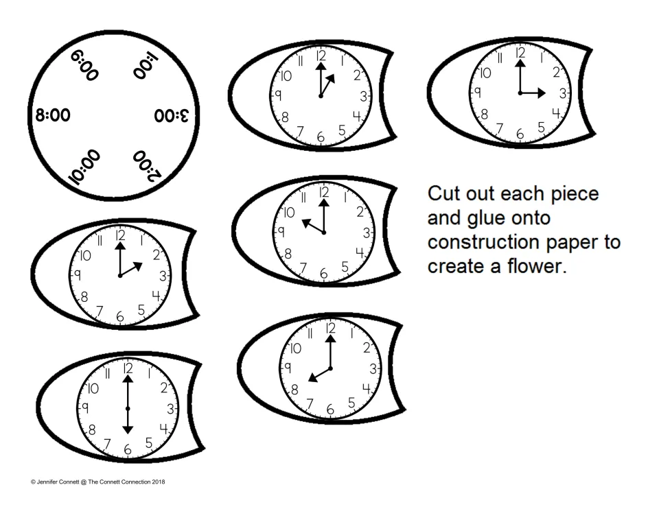 Time to the hour flower: students match six clock petals to 1:00, 2:00, 3:00, 6:00, 8:00 and 10:00, then cut and glue