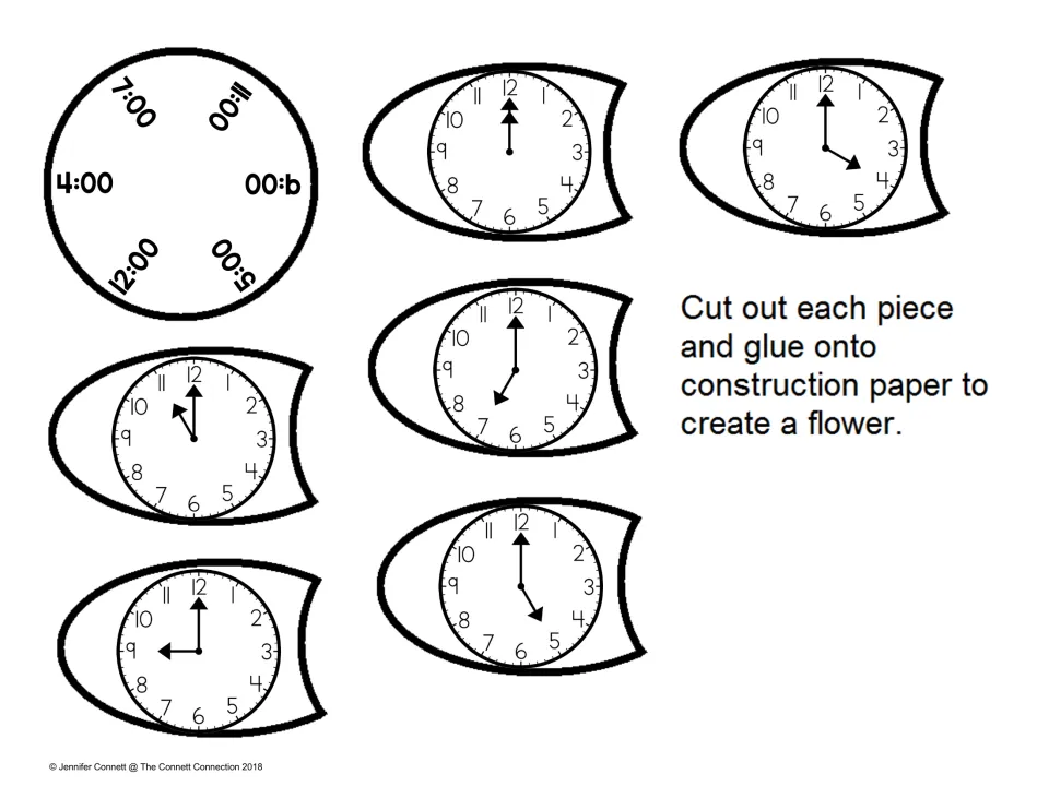 Hour-time flower craft: students read six analog clock petals and glue each by 4:00, 5:00, 7:00, 9:00, 11:00 or 12:00