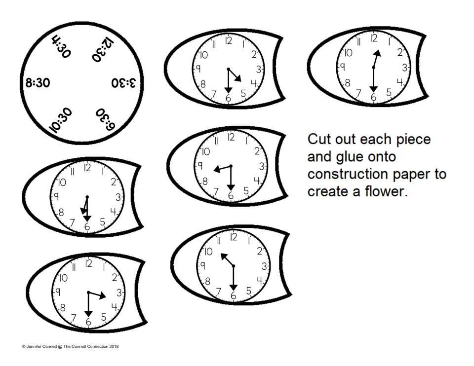 Half-hour flower: students match clock petals to 12:30, 3:30, 4:30, 6:30, 8:30 and 10:30, then build a paper flower