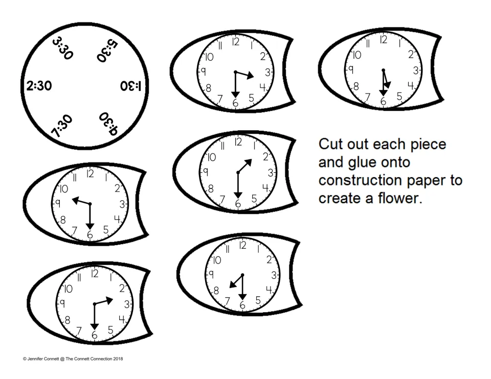 Telling time to the half hour: students pair petals with 1:30, 2:30, 3:30, 5:30, 7:30 and 9:30 on a flower center