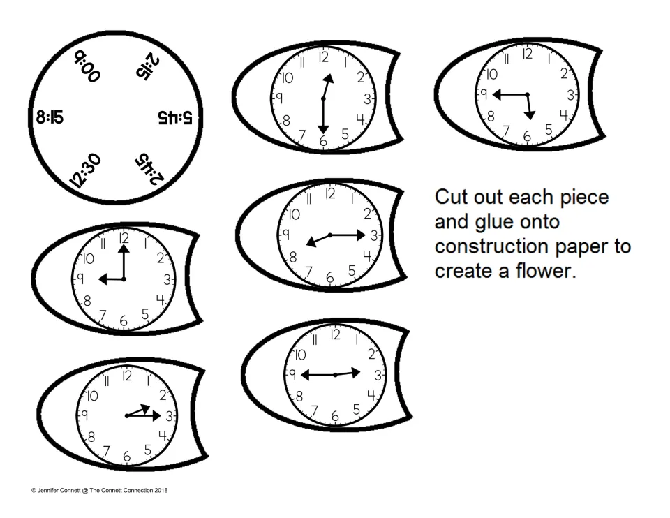 Quarter-hour flower: students read clocks showing 9:00, 2:15, 5:45, 2:45, 12:30 and 8:15 and glue each petal to match