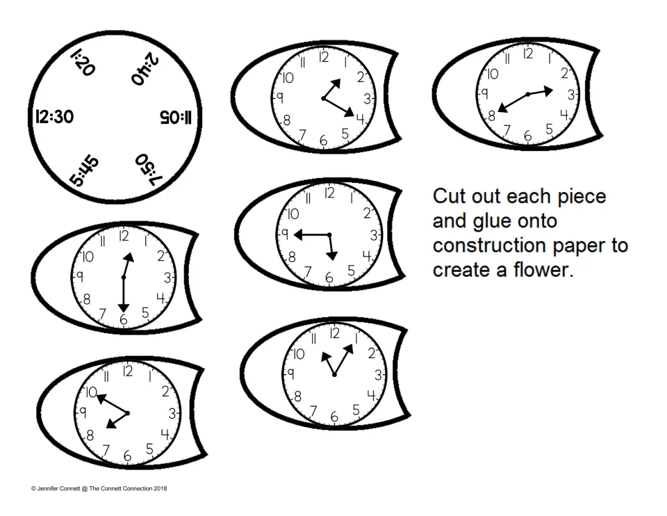 Five-minute time flower: students match clock petals to 1:20, 2:40, 11:05, 7:50, 5:45 and 12:30 before assembling it