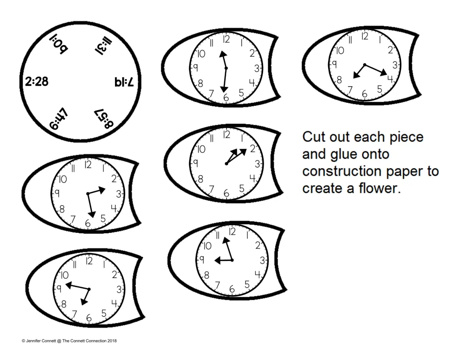 Time to the minute flower: students read clock petals for 1:09, 11:31, 7:19, 8:57, 6:47 and 2:28 and glue each in place