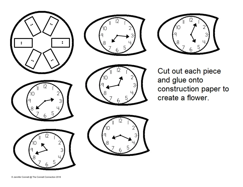 Write-the-time flower: students read six clock petals and write each digital time in the blank spaces on the flower center