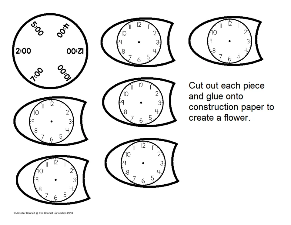 Draw-the-hands flower for hours: students draw hands on six blank clocks for 2:00, 4:00, 5:00, 7:00, 10:00 and 12:00