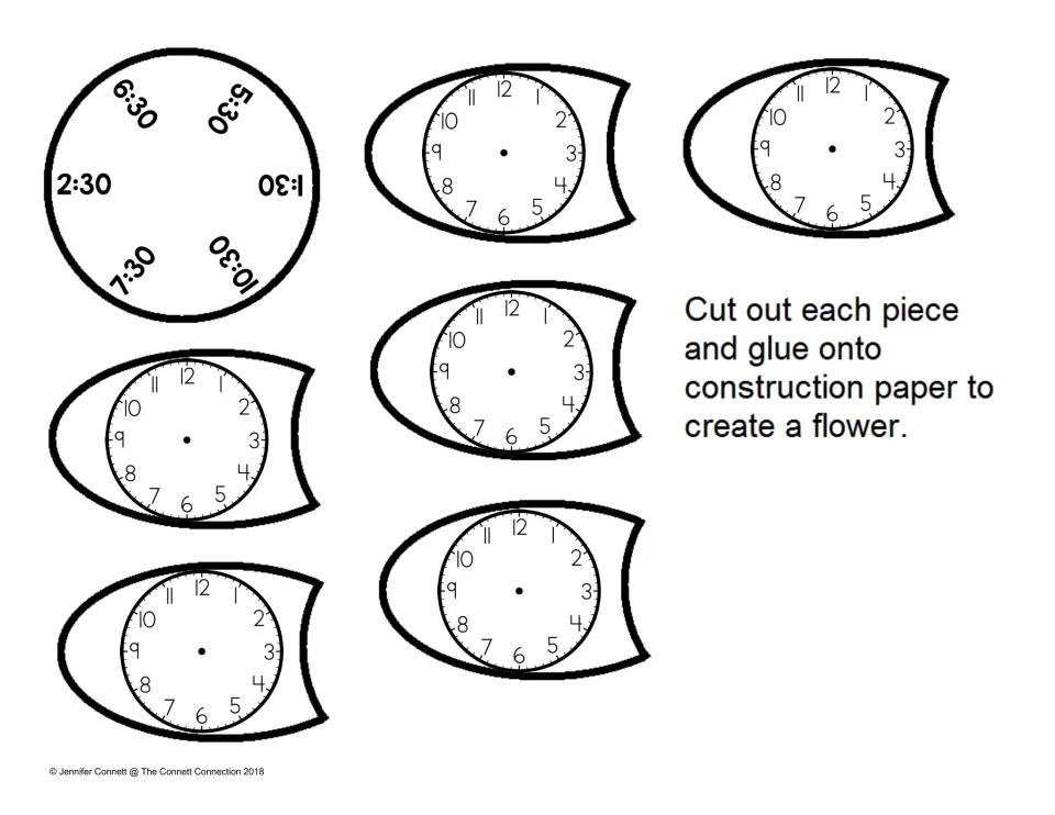 Draw-the-hands half-hour flower: students add hands to blank clocks for 1:30, 2:30, 5:30, 6:30, 7:30 and 10:30, then glue