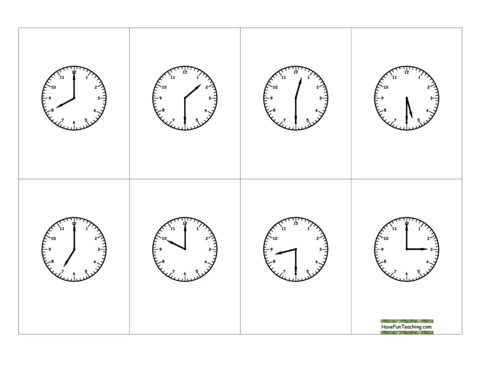 Half-hour clock cards to cut apart: analog faces show times including 8:00, 3:00, 1:30 and 4:30 for students to read