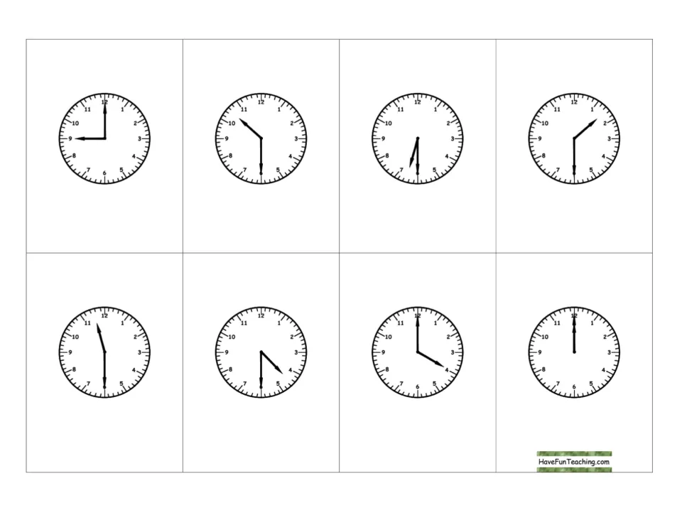 Telling time to the half hour: eight cut-apart clock cards showing 9:00, 12:00, 4:00, 6:30 and 11:30