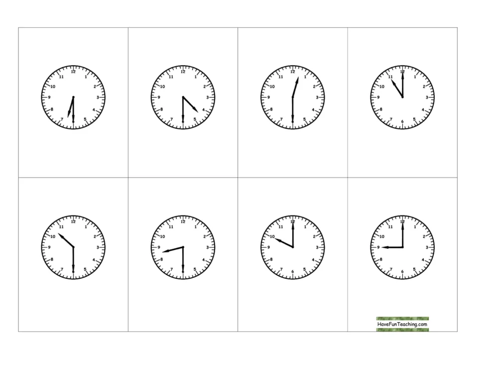 Reading analog clocks: cards show 11:00, 9:00, 10:00 and half-past times like 12:30 and 8:30 for bingo calling
