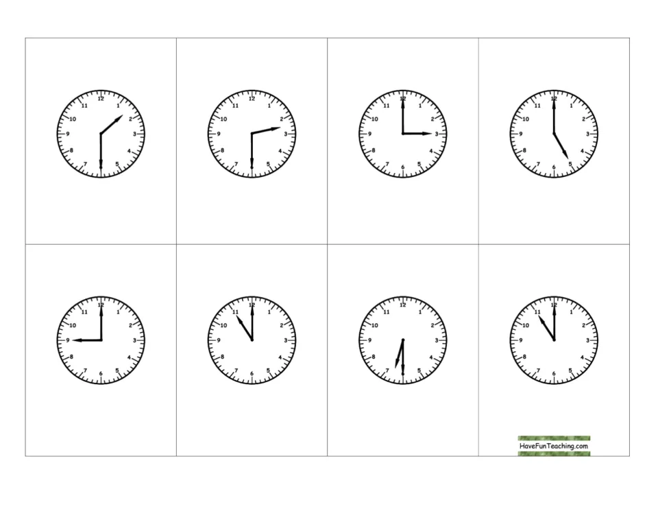 Clock faces for half-hour practice: cards include 3:00, 5:00, 9:00, 1:30 and 2:30 for the caller to draw and show