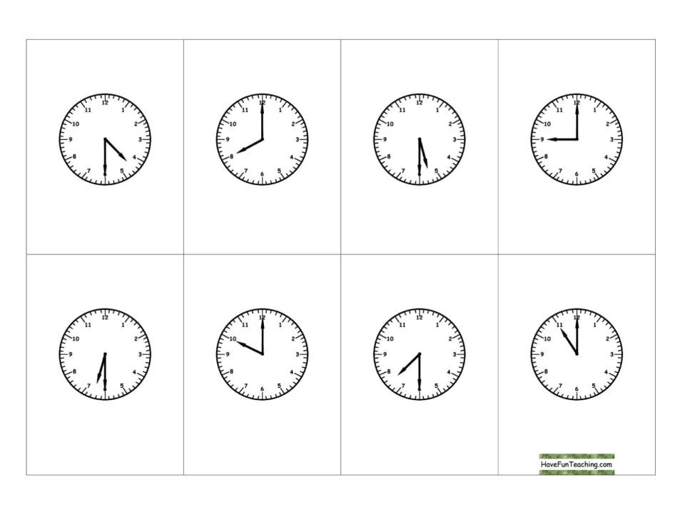 More clock calling cards: hands set to 8:00, 9:00, 10:00, 4:30 and 7:30 for students to read to the nearest half hour