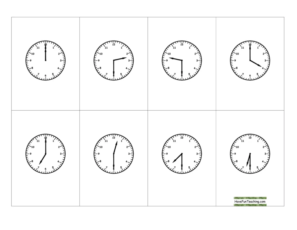 Hour and half-hour clocks: eight cards showing 12:00, 4:00, 7:00, 2:30 and 12:30 to cut apart and call during play