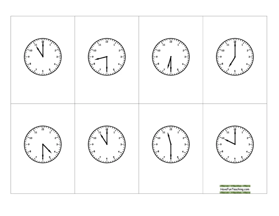 Analog time cards: clocks read 7:00, 10:00, 8:30, 6:30 and 11:30 as students practise telling half-past times