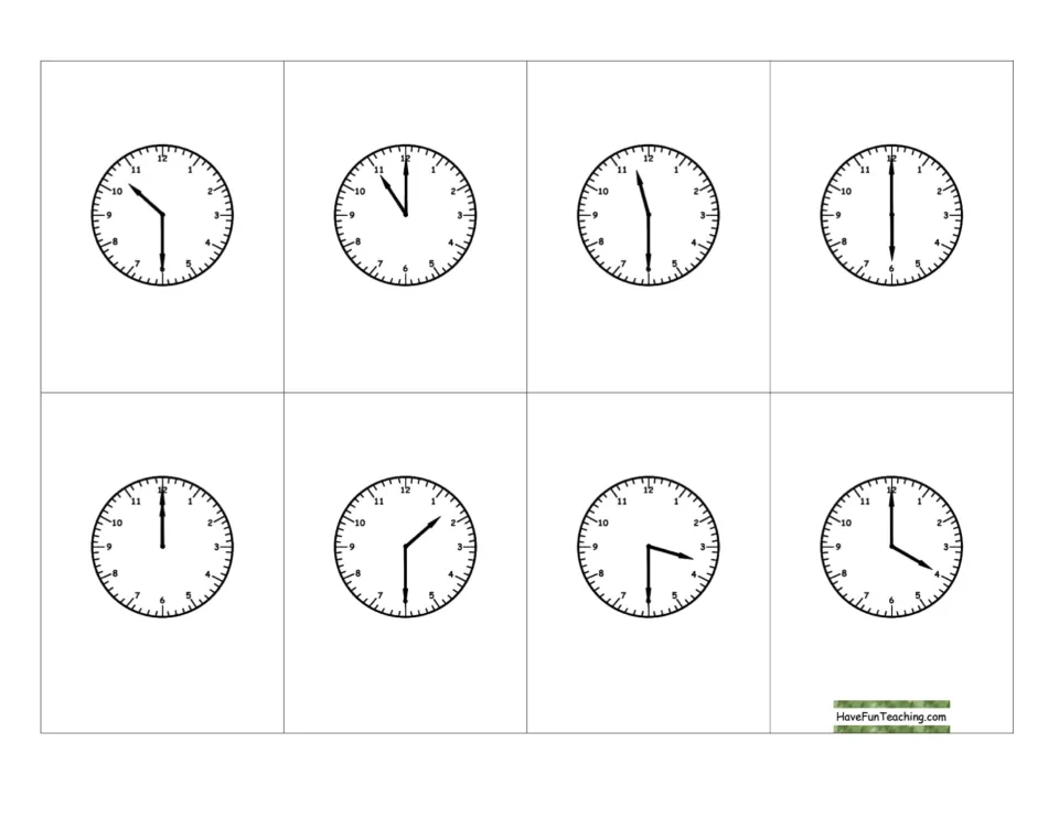 Cut-apart clock cards showing 6:00, 12:00, 4:00, 1:30 and 10:30, giving more hour and half-hour times to identify