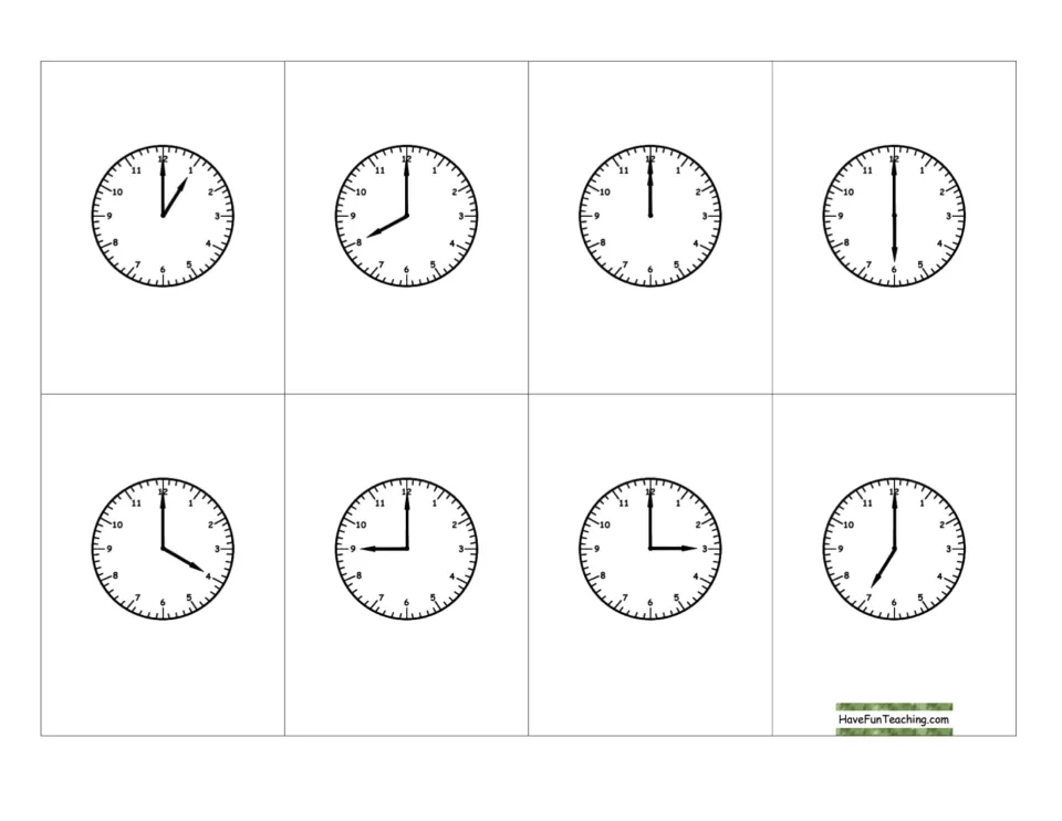 Telling time to the hour: eight analog clock cards showing 1, 8, 12, 6, 4, 9, 3 and 7 o'clock for students to read